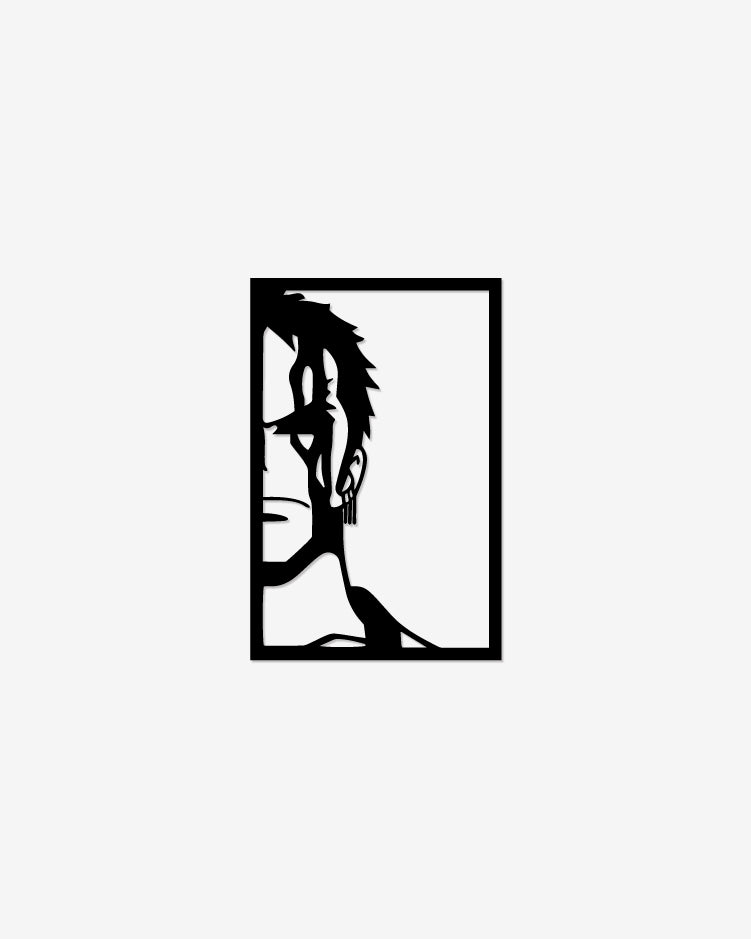 Cuadro decorativo de la silueta de Roronoa Zoro de One Piece fabricado en madera MDF negra con diseño minimalista para pared, ideal para fans del anime.